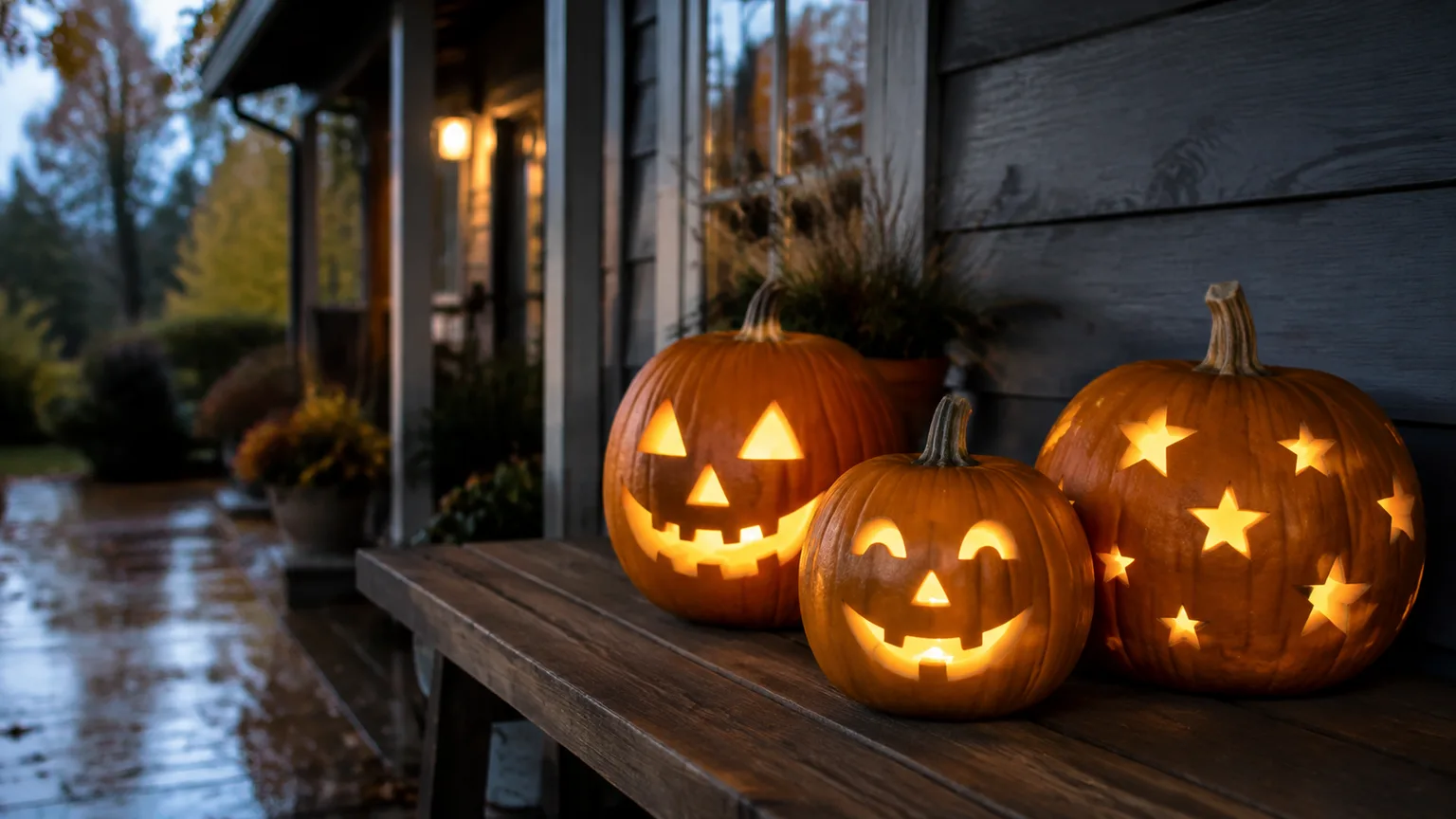 Three carved pumpkins glowing with battery-operated LED lights on a covered porch at dusk