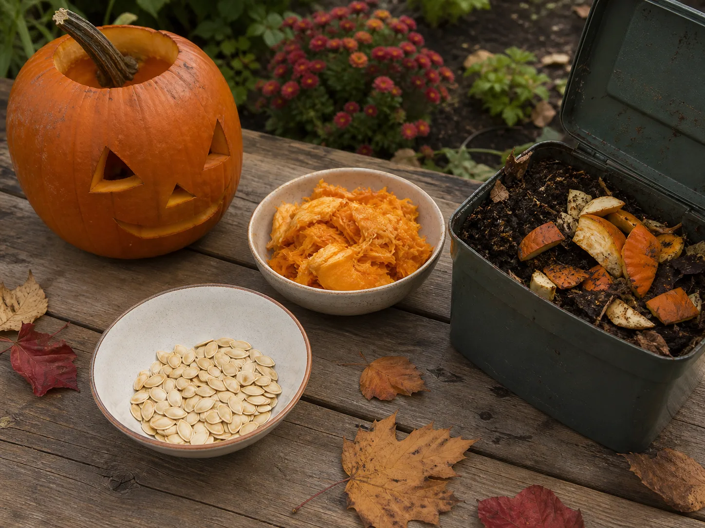 Clean pumpkin seeds and pulp separated in bowls beside chopped pumpkin pieces ready for compost