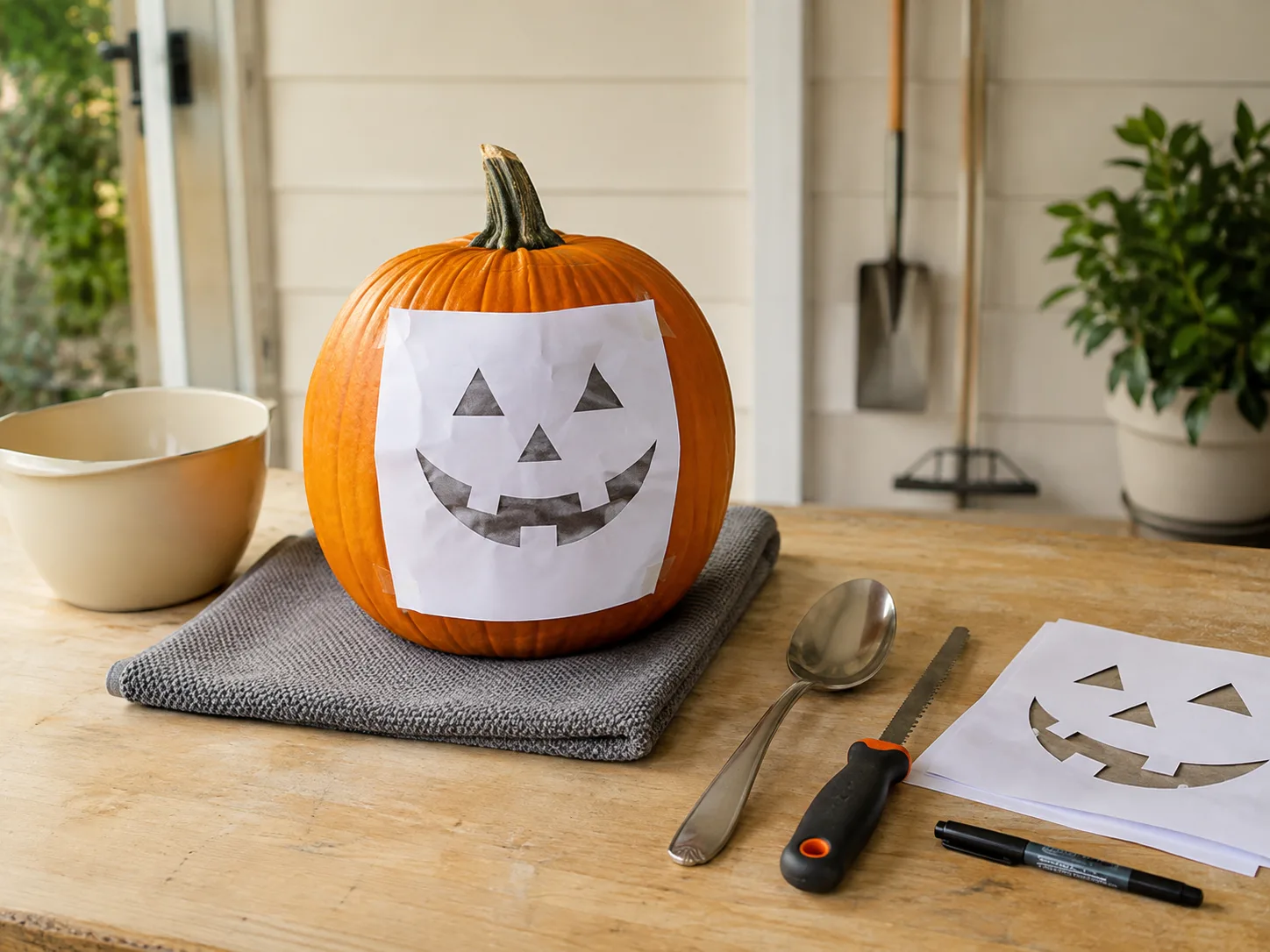 A firm pumpkin on a non-slip towel beside a serrated pumpkin saw, spoon, marker, and paper stencil
