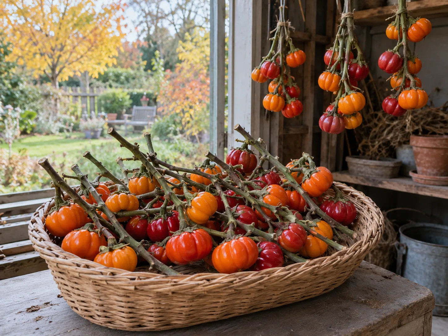 Cut pumpkin-on-a-stick branches with orange and scarlet ribbed fruits, laid in a basket and hanging to dry