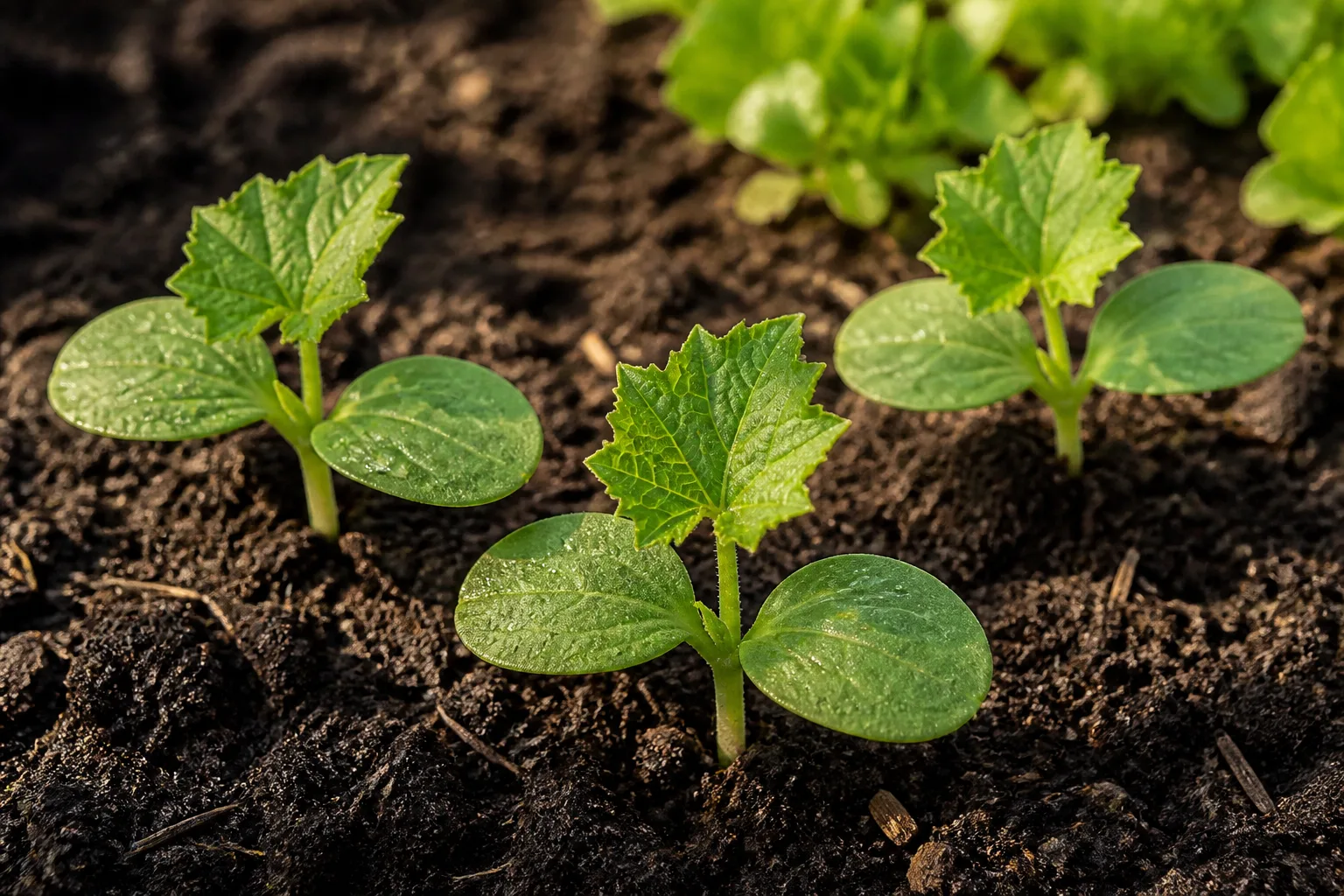 Young pumpkin seedlings with oval cotyledons and first true leaves emerging from garden soil