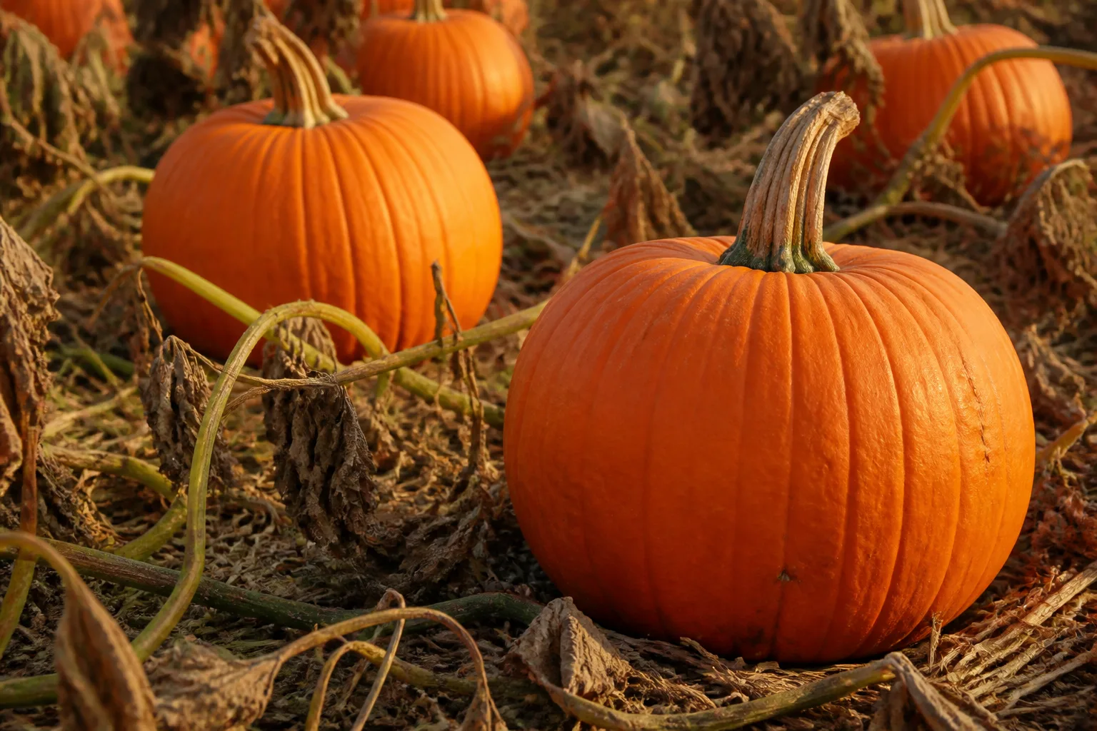 Mature orange pumpkins with dry corky stems resting on straw mulch among fading autumn vines