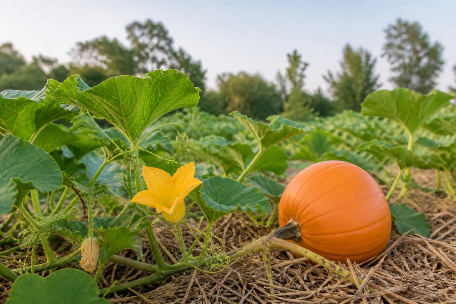 Sprawling pumpkin vines with yellow flowers and a ripening orange pumpkin in a summer garden bed