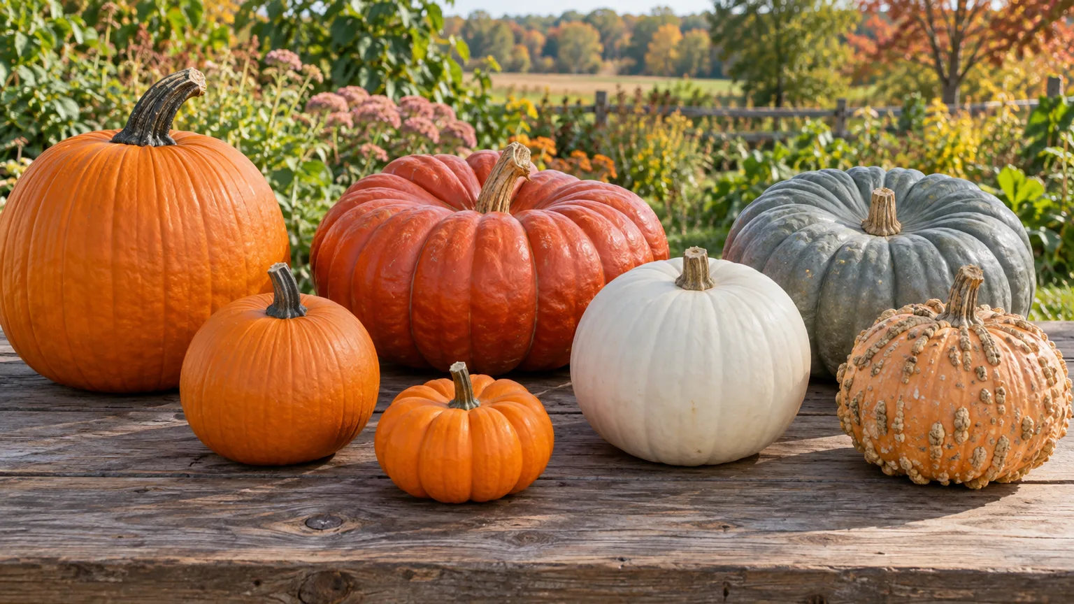 A representative assortment of orange, white, blue-green, flattened, miniature, and warted pumpkins on a farm stand table