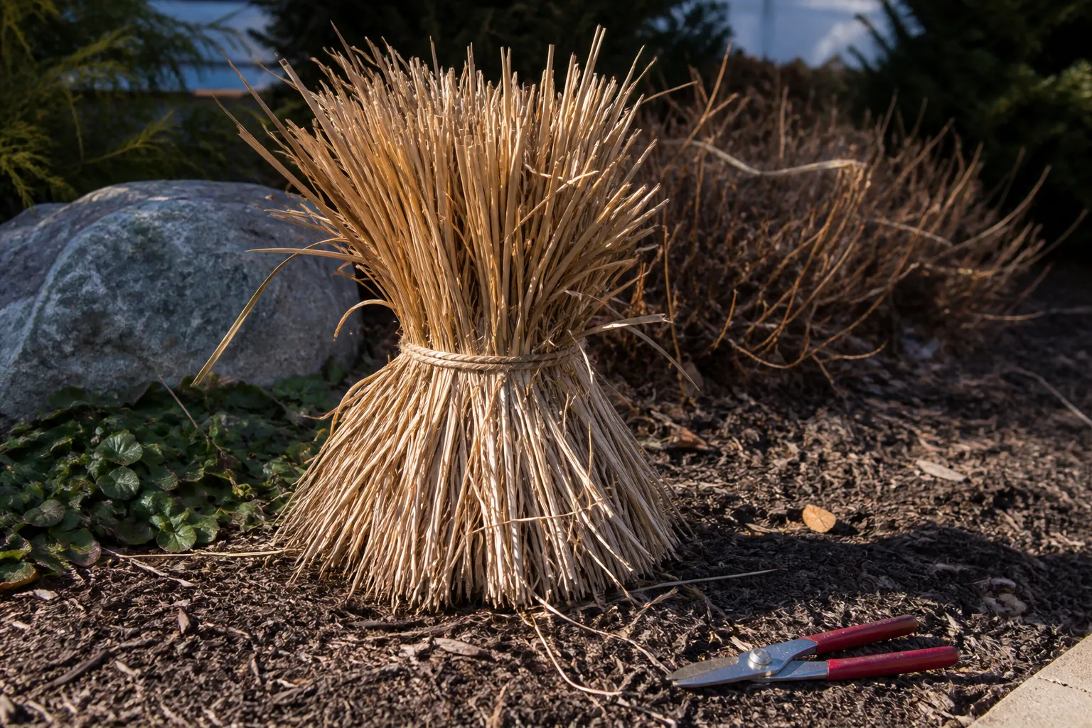 Purple fountain grass bundled and cut back to stubble in early spring