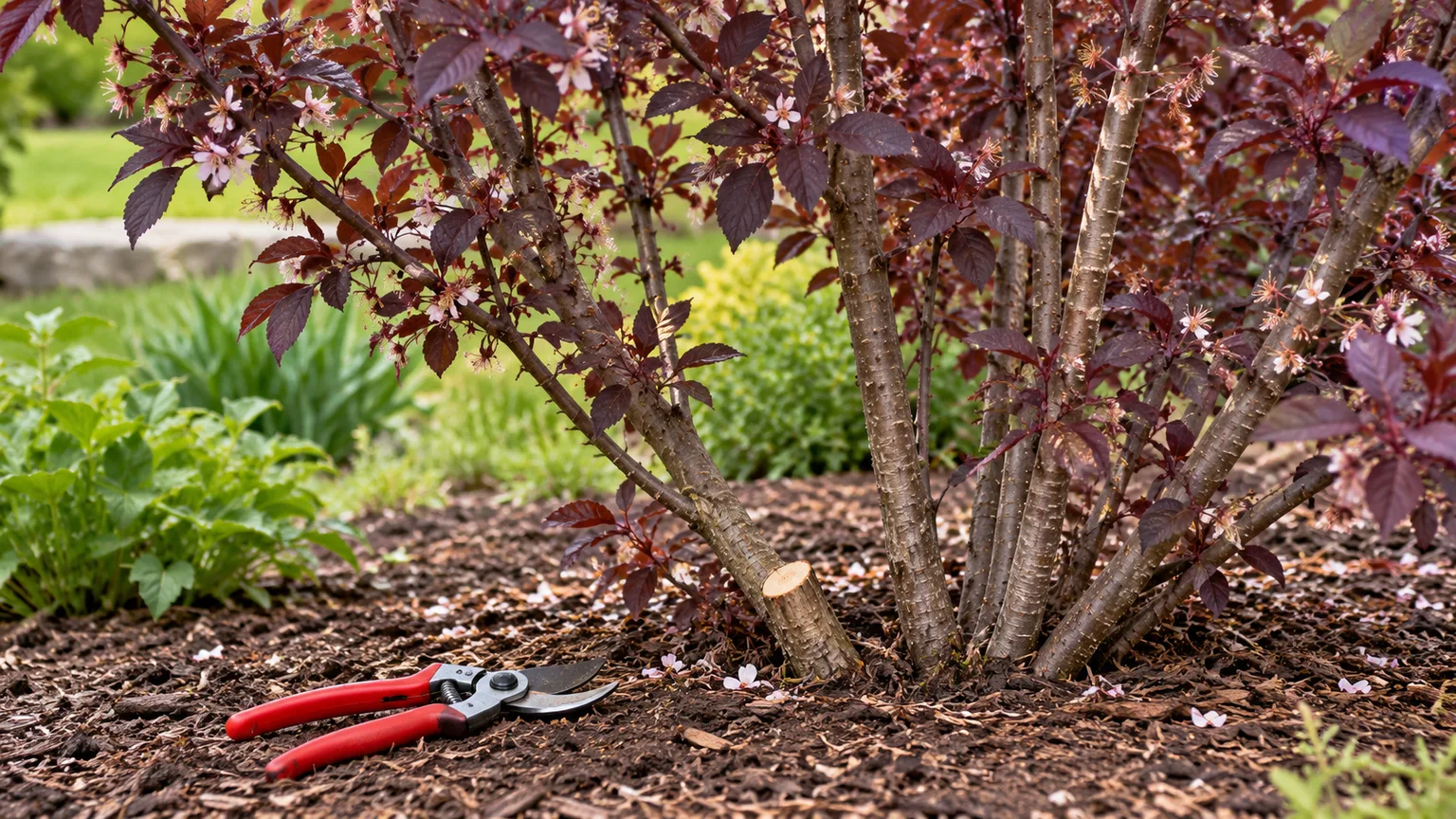 Selective thinning of a multi-stem ornamental shrub after flowering