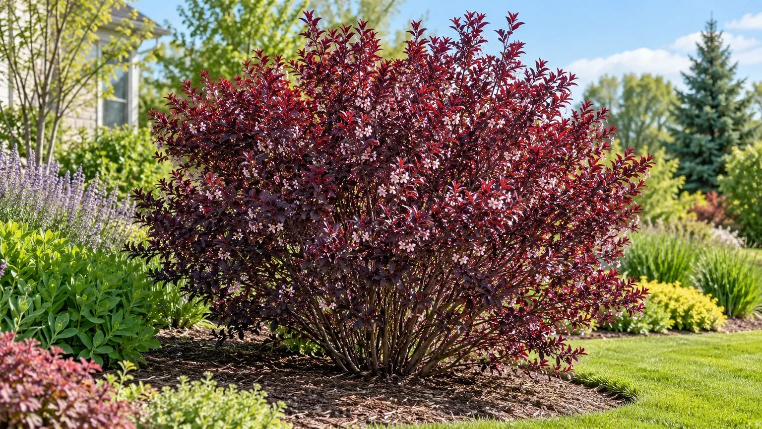 Purple leaf sand cherry growing in a sunny mixed border with space around its mature canopy