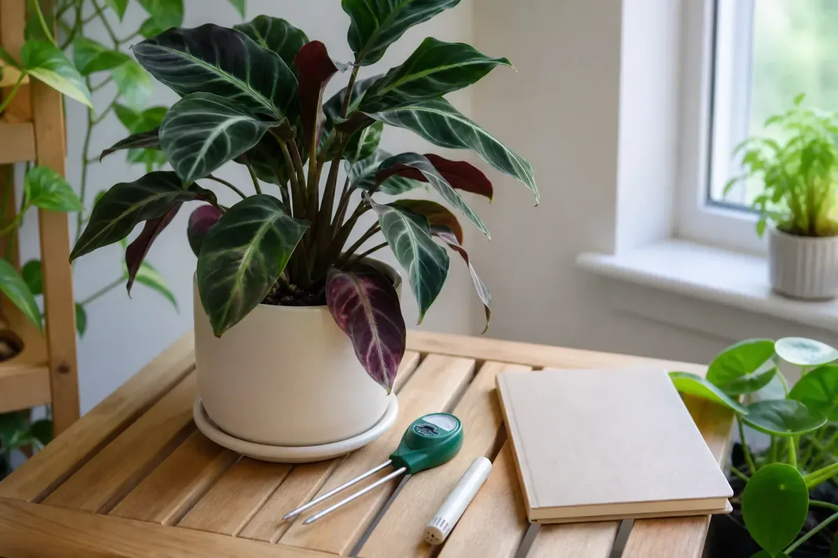 Houseplant diagnostic checklist for purple leaves by leaf age, tissue feel, and temperature history