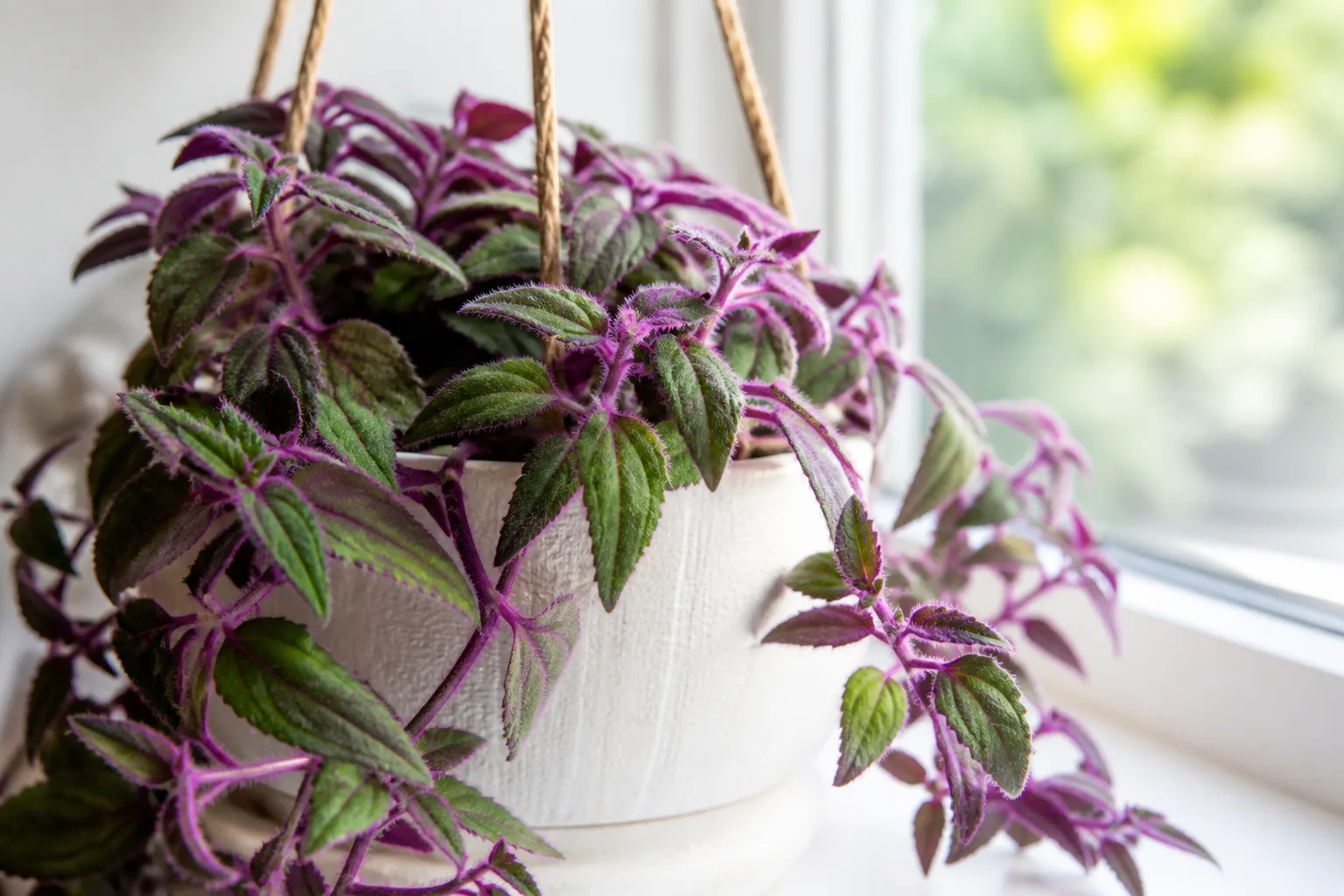 Purple passion plant with velvety purple-haired foliage trailing from a white hanging basket on a bright windowsill