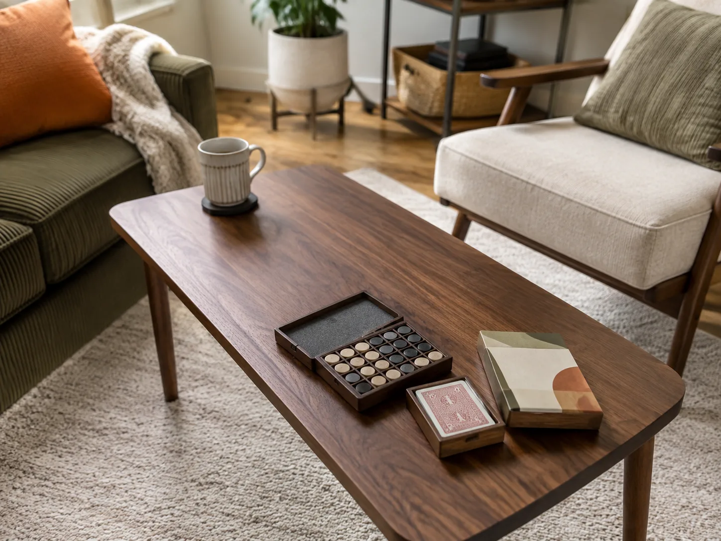 Compact tactile games arranged on a small coffee table in a warm apartment living room