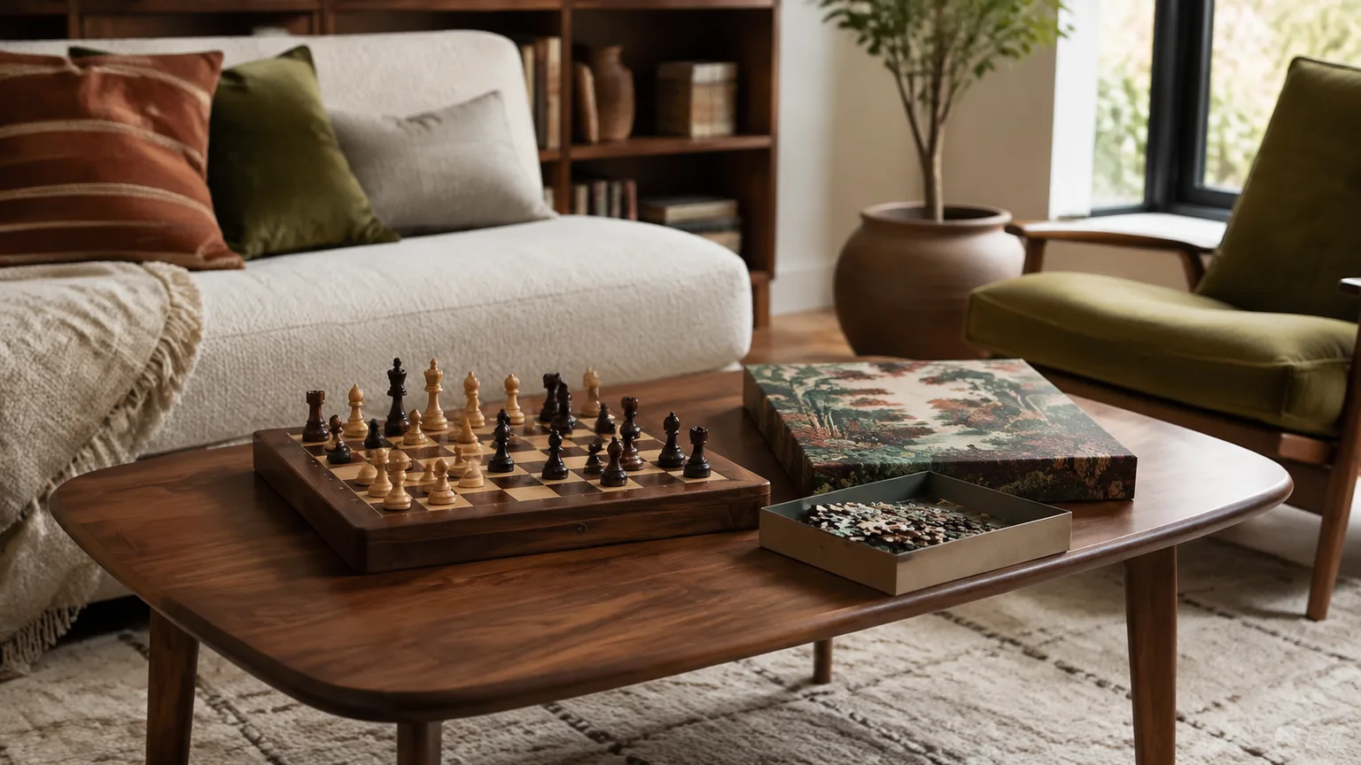 Warm living room with a wooden chess set and puzzle box styled on a walnut coffee table