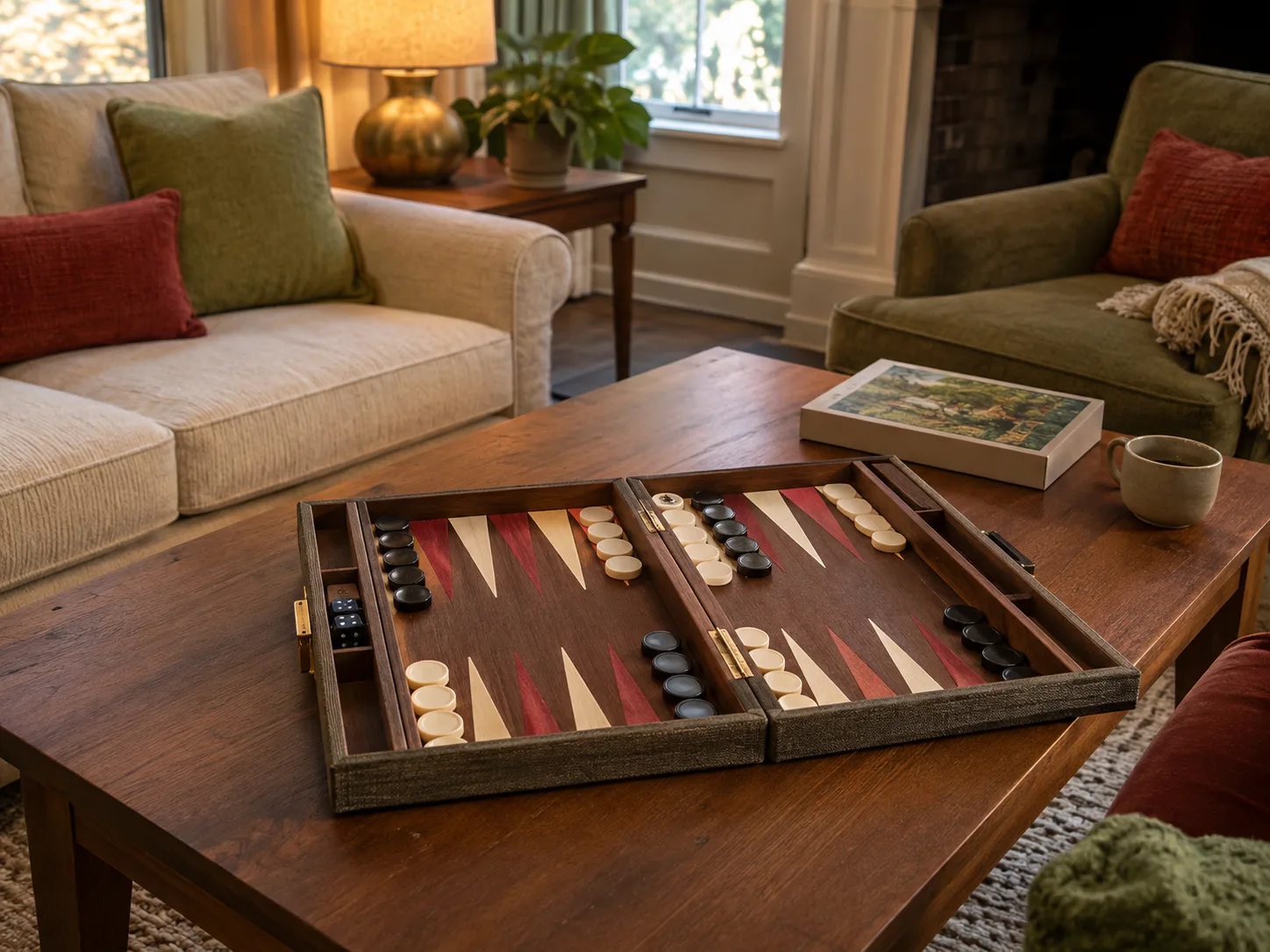 Accessible backgammon setup with large high-contrast pieces on a living room coffee table