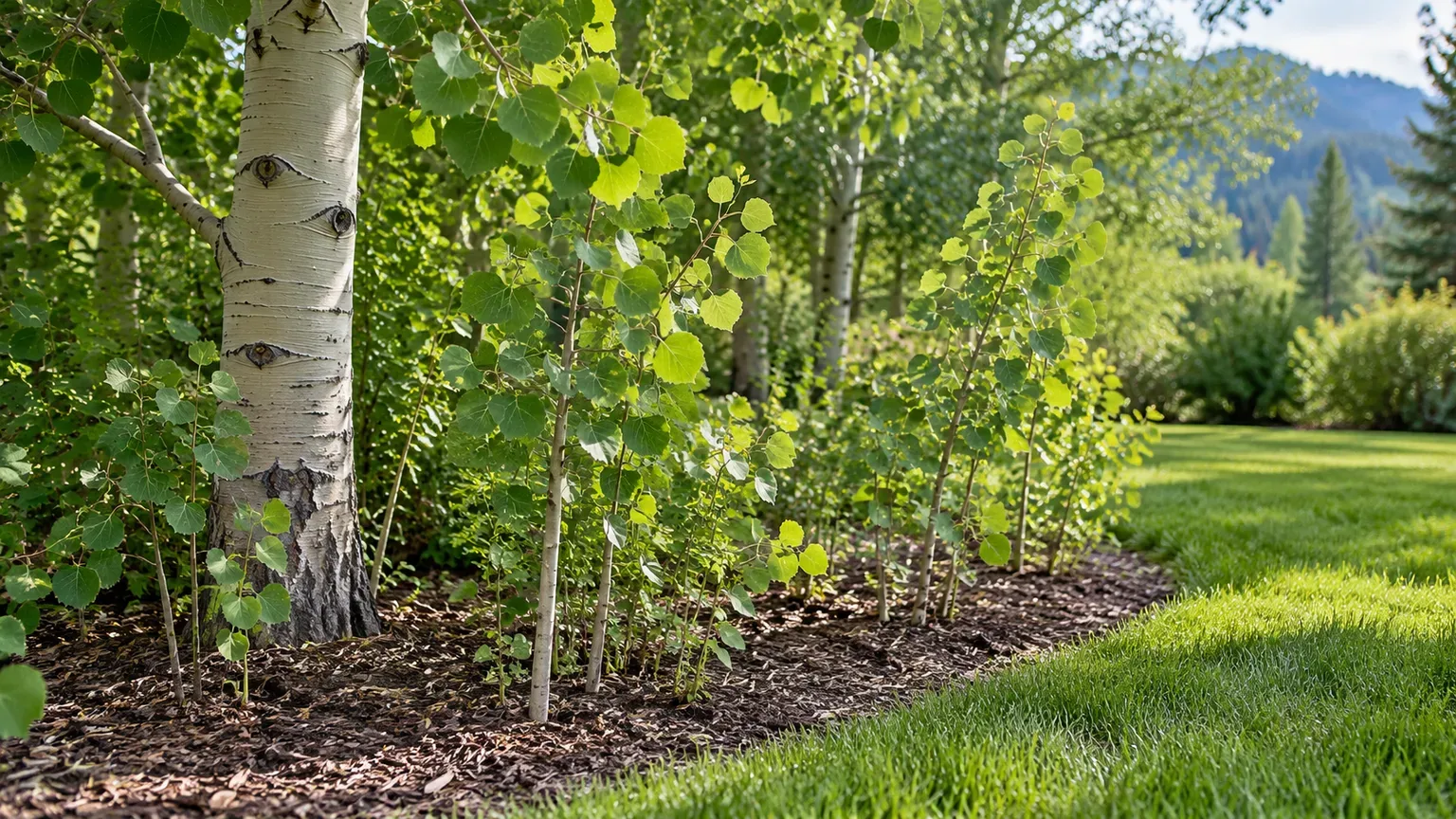 A quaking aspen with young suckers along a bed edge shows the multi-stem form a clone can develop.