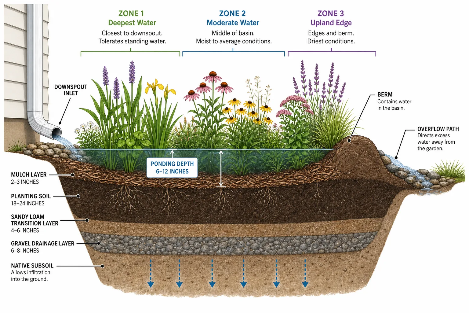 Rain garden basin cross-section showing moisture-tolerant shrubs planted in a wet front-yard swale