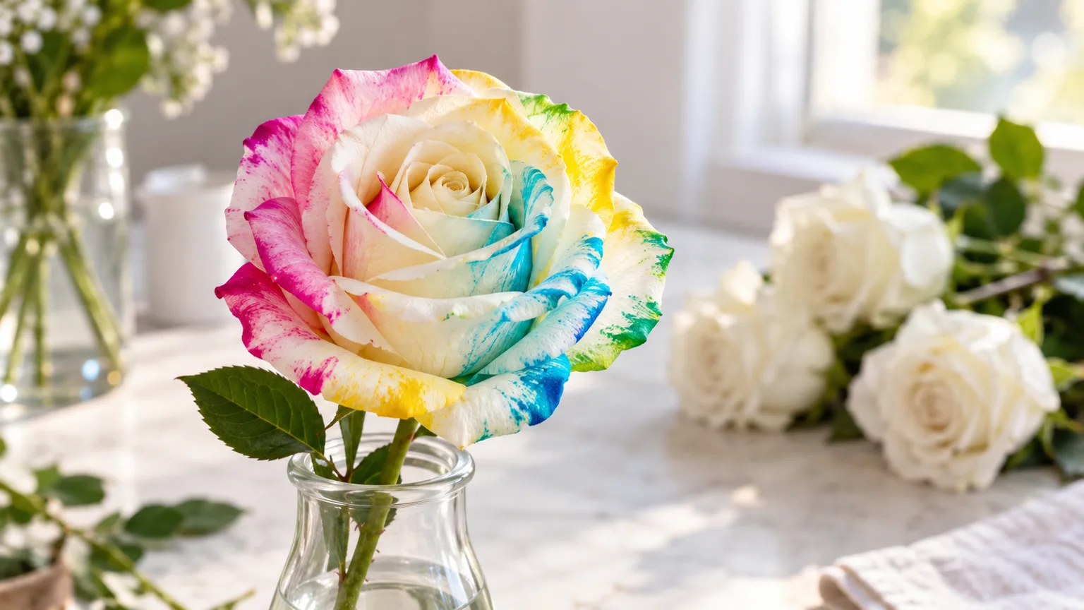 A cut ivory rose with uneven magenta, yellow, blue, and green dye patches on its petals