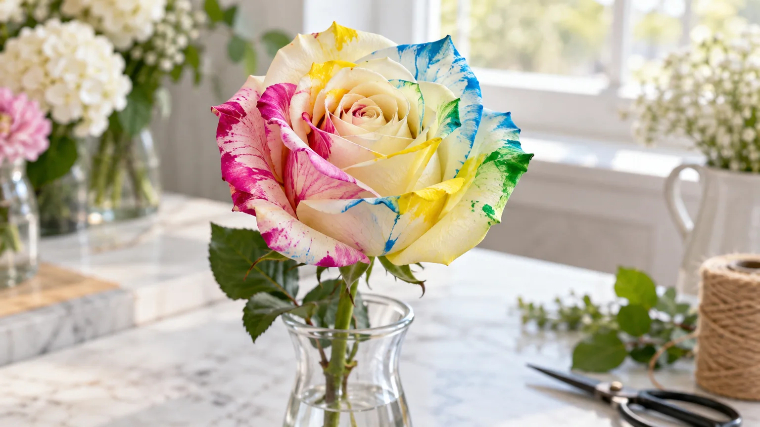 An ivory cut rose with irregular magenta, yellow, blue, and green dye patches on its petals