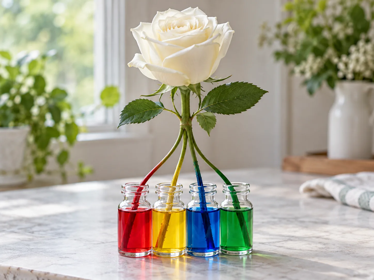 A white rose stem divided into four sections, each resting in its own colored-water glass
