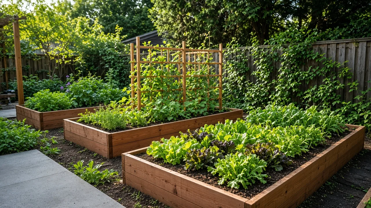 Compact elevated raised garden bed filled with leafy greens and tomatoes on a sunny patio