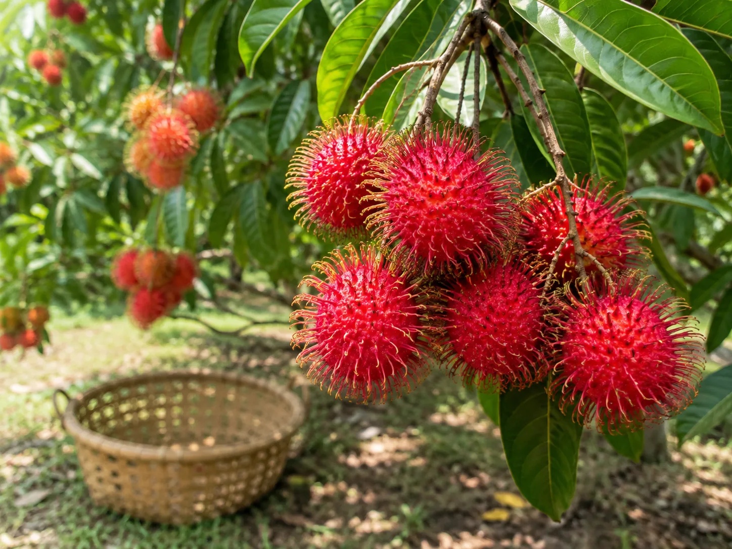 Ripe red rambutan fruit clusters ready for harvest