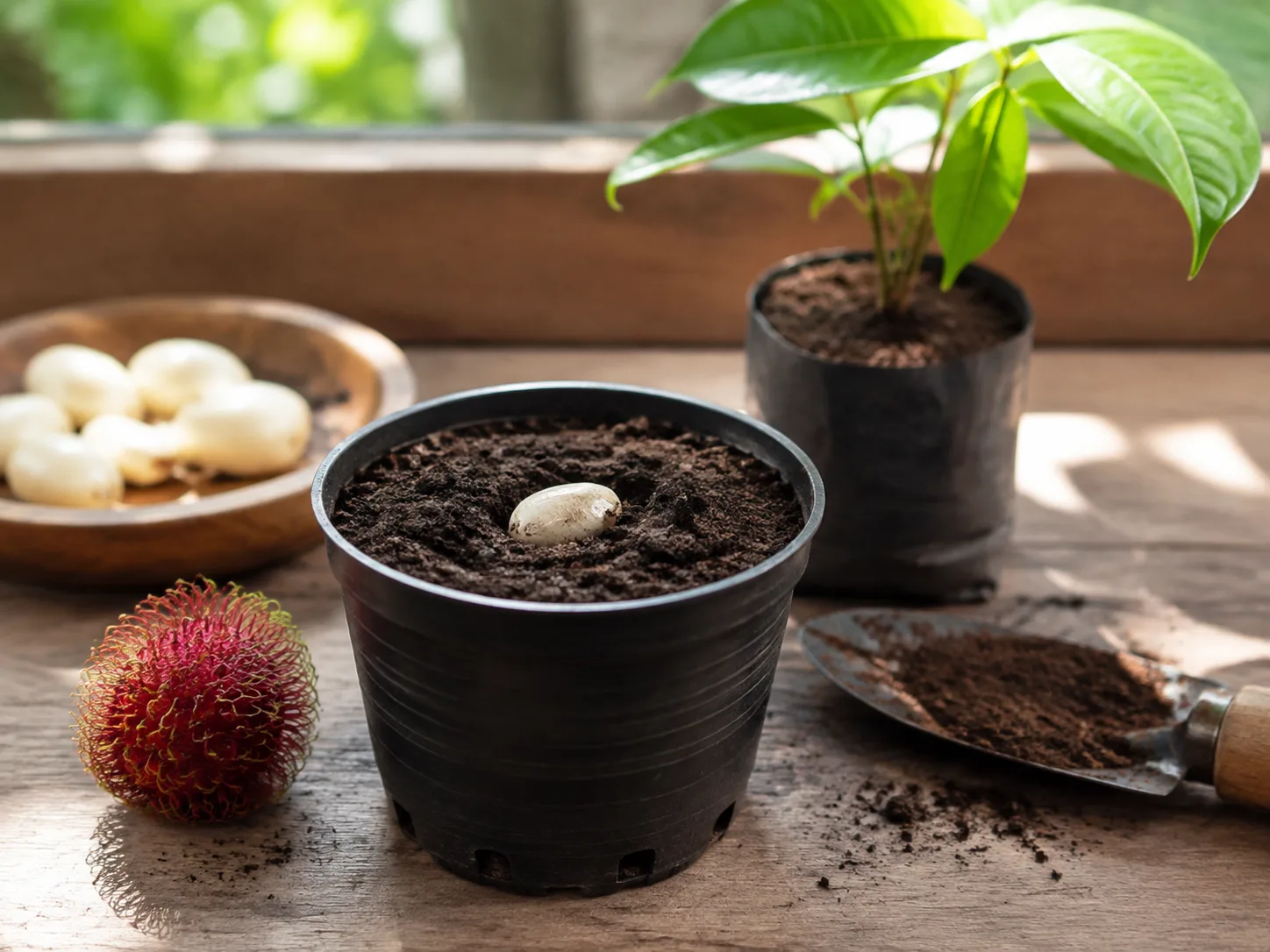 Fresh rambutan seed in an airy potting mix beside ripe fruit