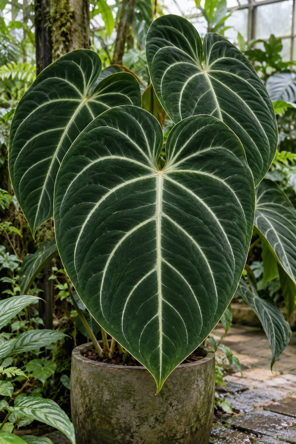 Anthurium regale has large, velvety heart-shaped leaves with pale veins.