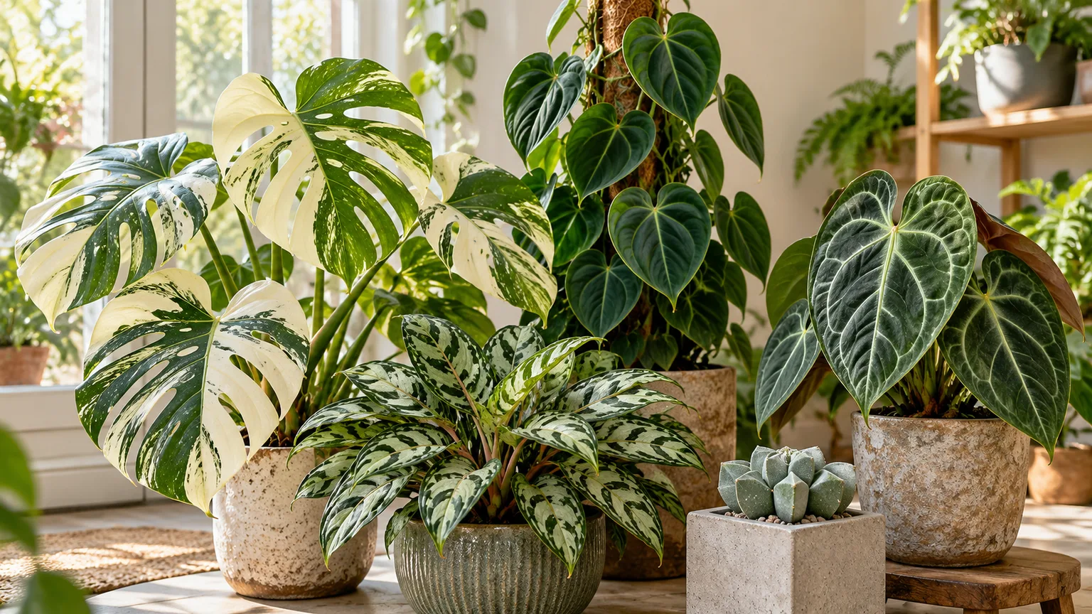 A collection of rare houseplants with variegated Monstera, velvet-leaved aroids, and a sculptural succulent.