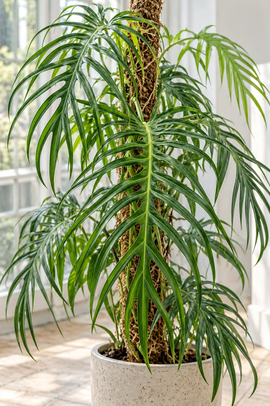 Philodendron tortum displays its narrow, deeply divided leaves while climbing a support.