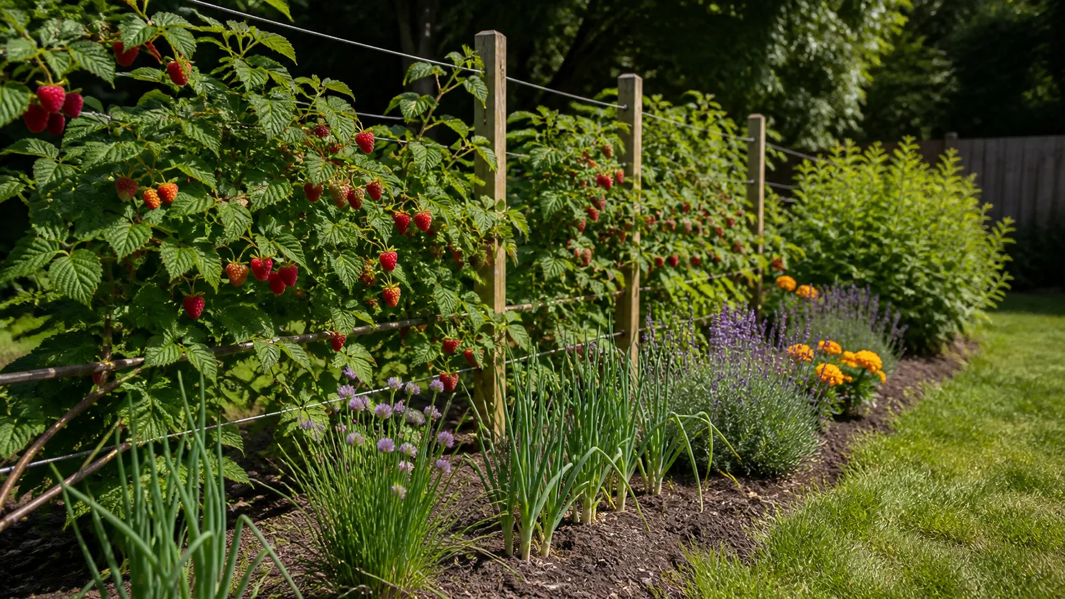 Trellised raspberry canes with garlic, chives, lavender, and marigolds in a sunny garden bed