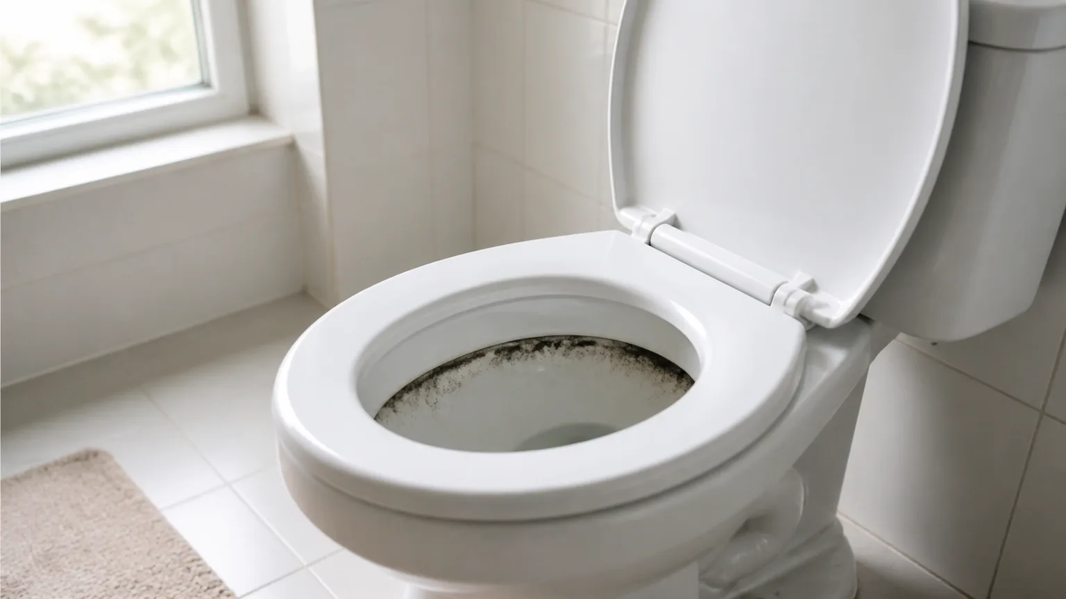 White toilet with a recurring dark mold or biofilm ring at the waterline