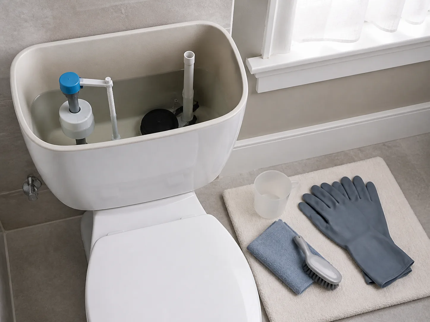 Open toilet tank with the flapper, overflow tube, gloves, cloth, and soft brush ready for inspection