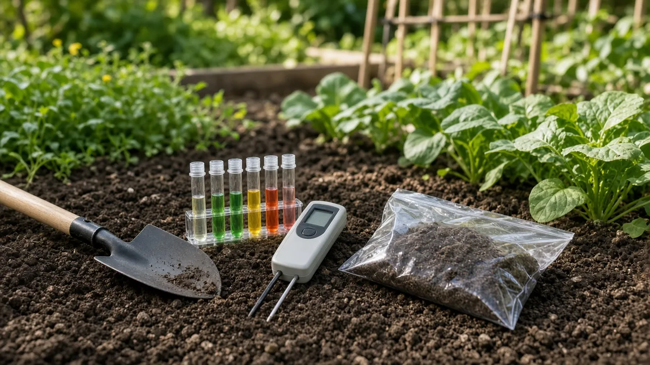 Soil test kit and sample bags beside a healthy lawn for checking garden soil chemistry