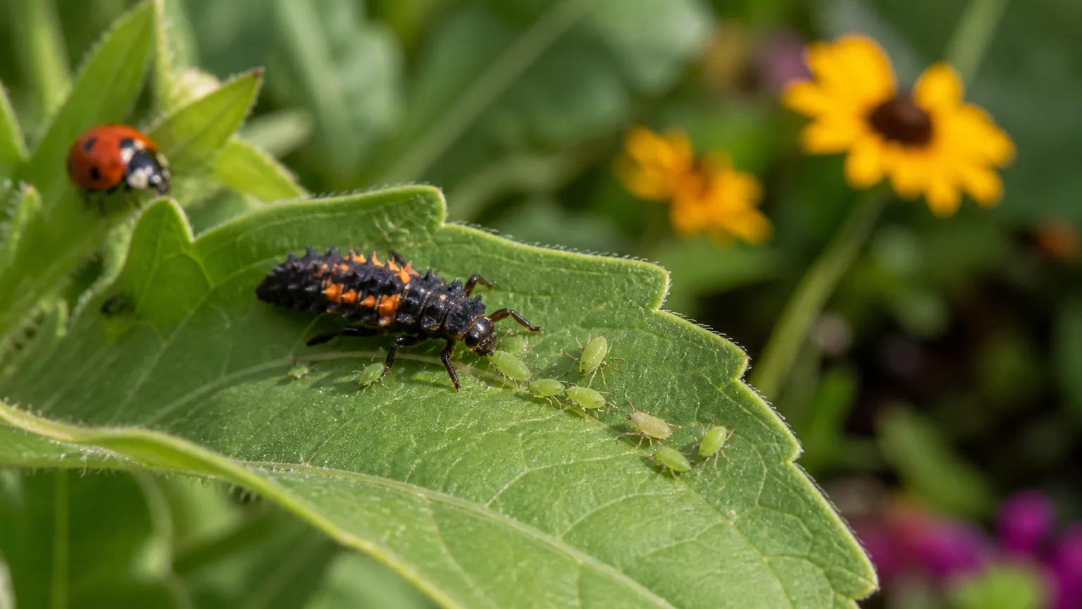 Black-and-orange ladybug larva feeding on aphids on a garden leaf