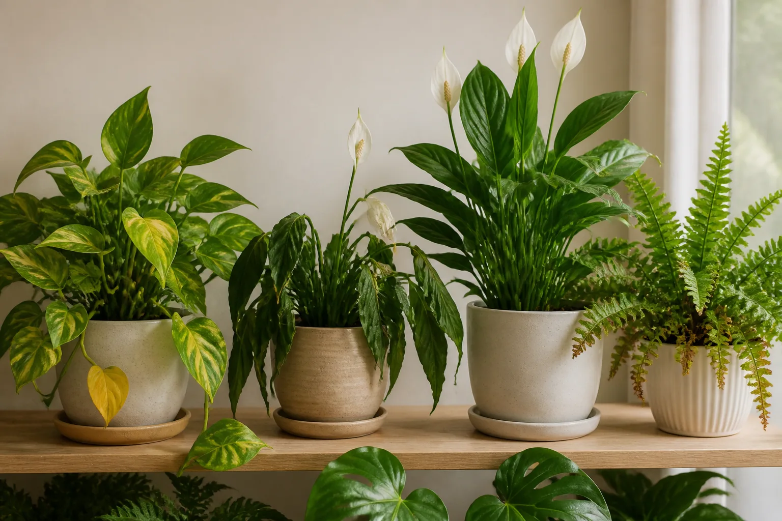 Collection of common houseplants on a shelf showing mixed healthy foliage and minor stress symptoms