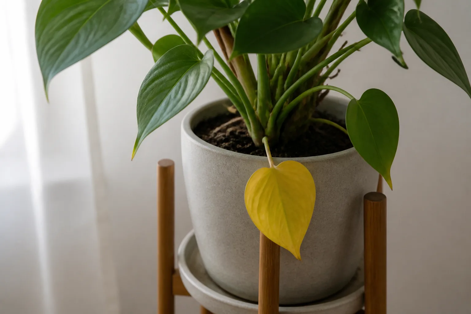Single yellow leaf at the base of a healthy houseplant from natural senescence