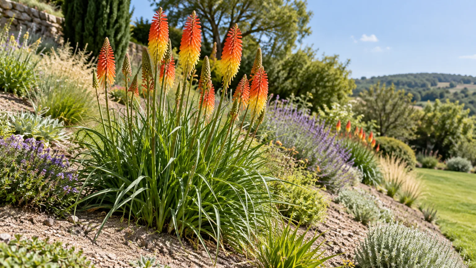 A sunny, sloping perennial border with open soil and space between established flowers