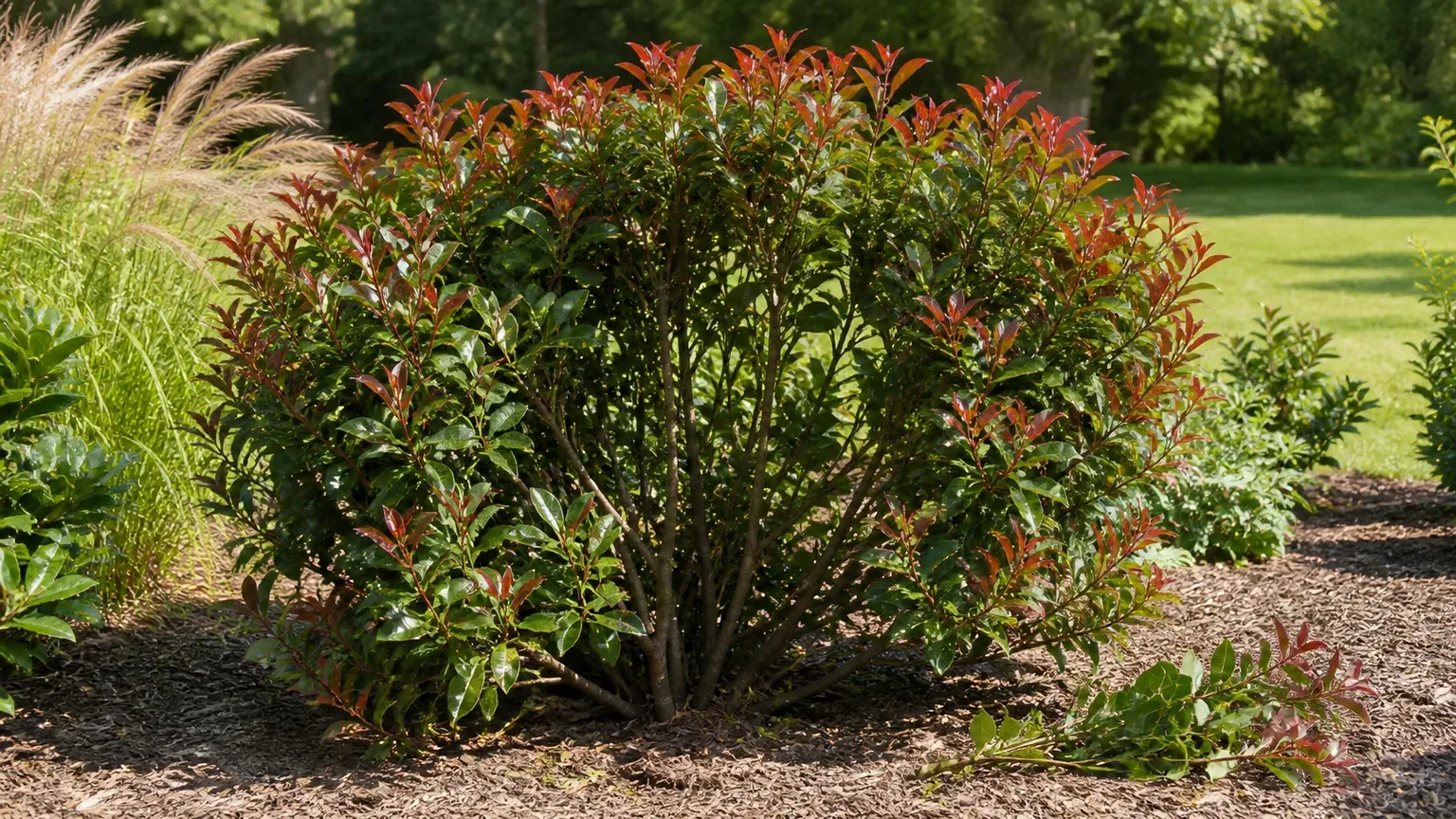 Open red tip photinia canopy after selective pruning for airflow