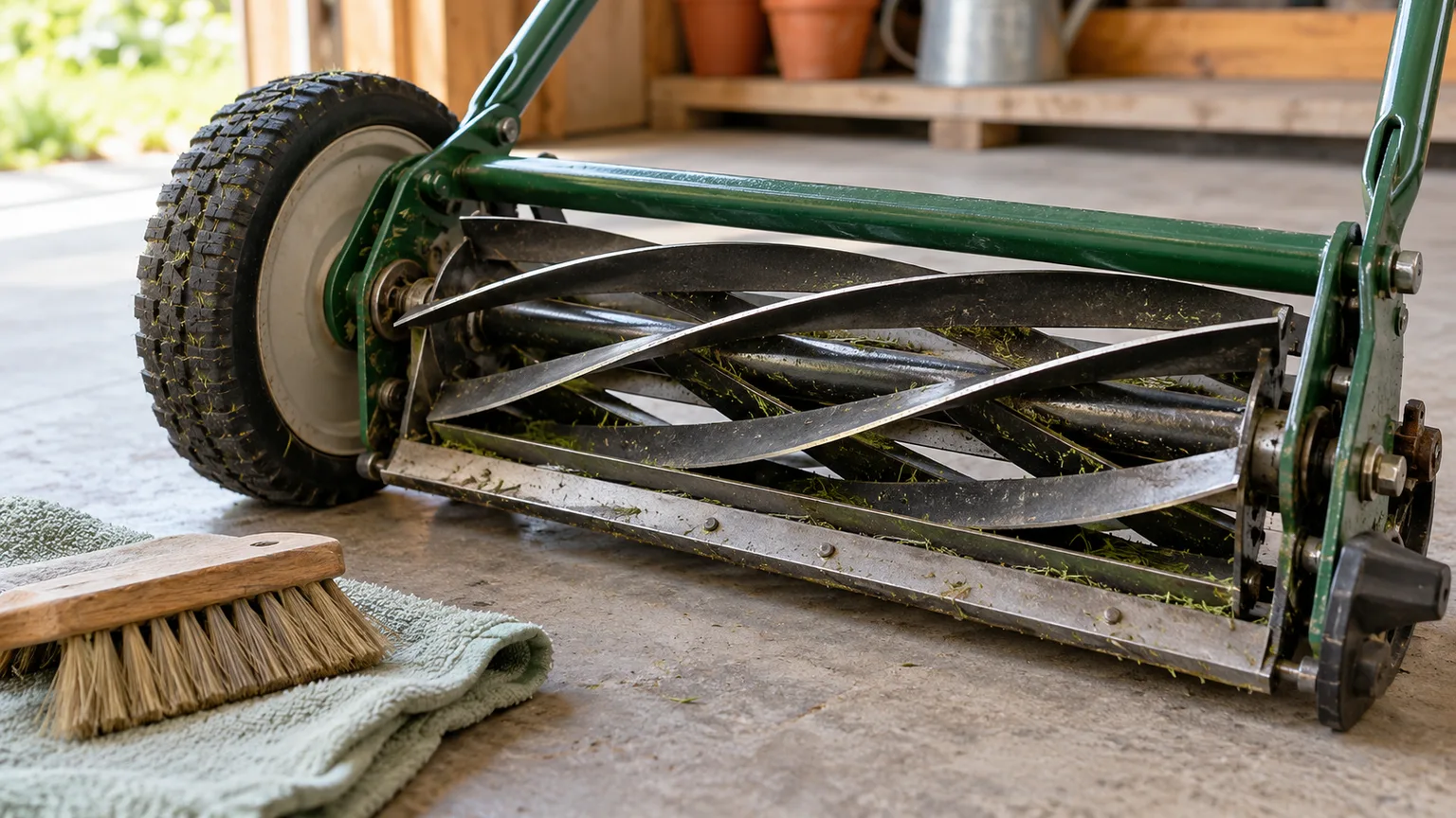 Clean reel mower cylinder and bed knife with a brush beside the machine