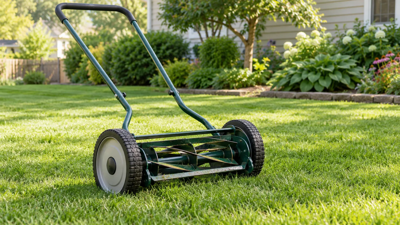 Manual reel mower with a visible cutting cylinder on a small lawn