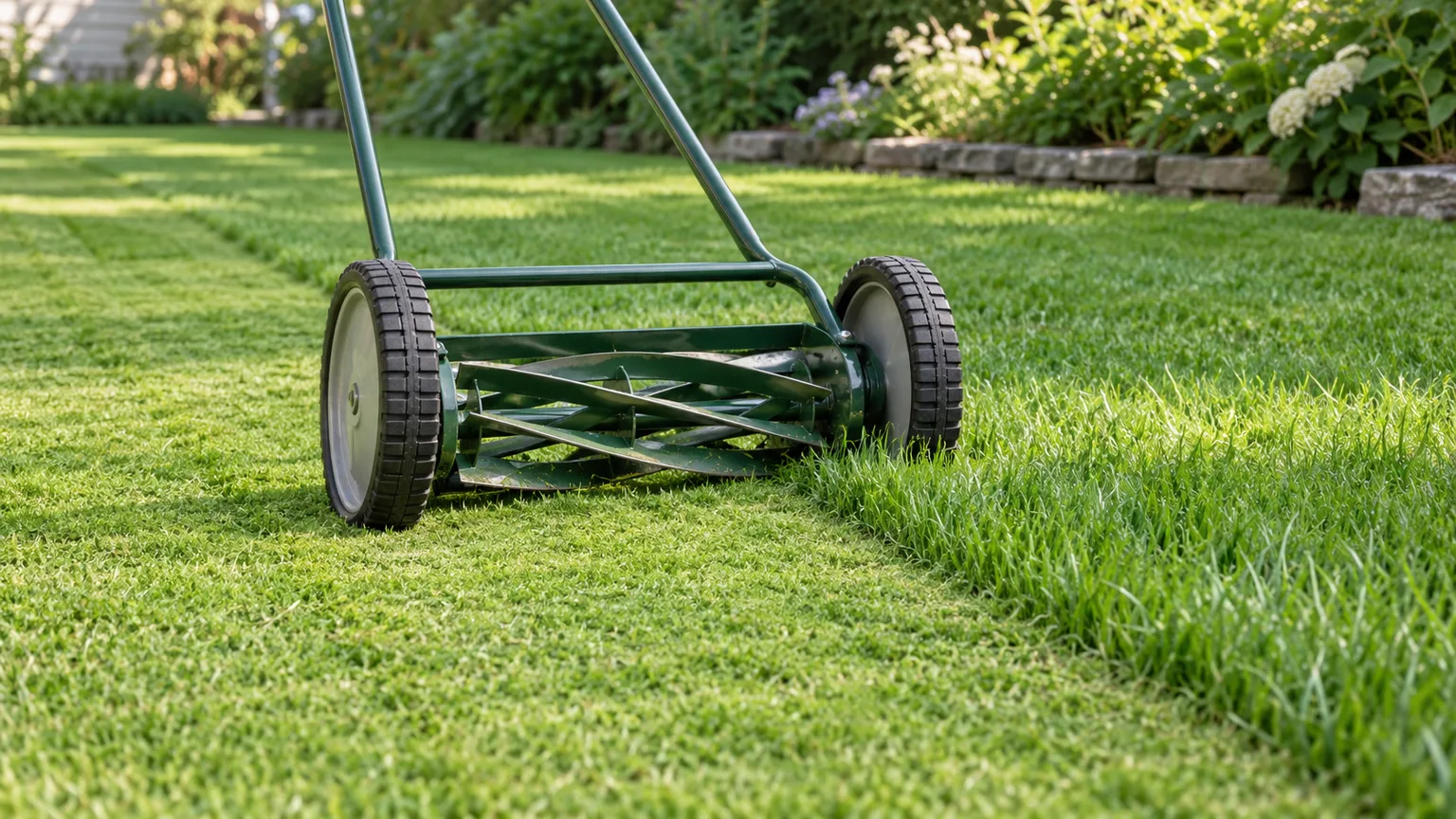 Manual reel mower leaving a straight, even cut across short lawn grass