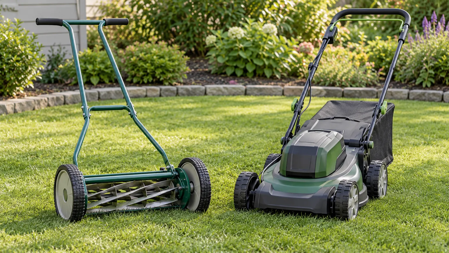 Manual reel mower beside a powered rotary mower on a residential lawn
