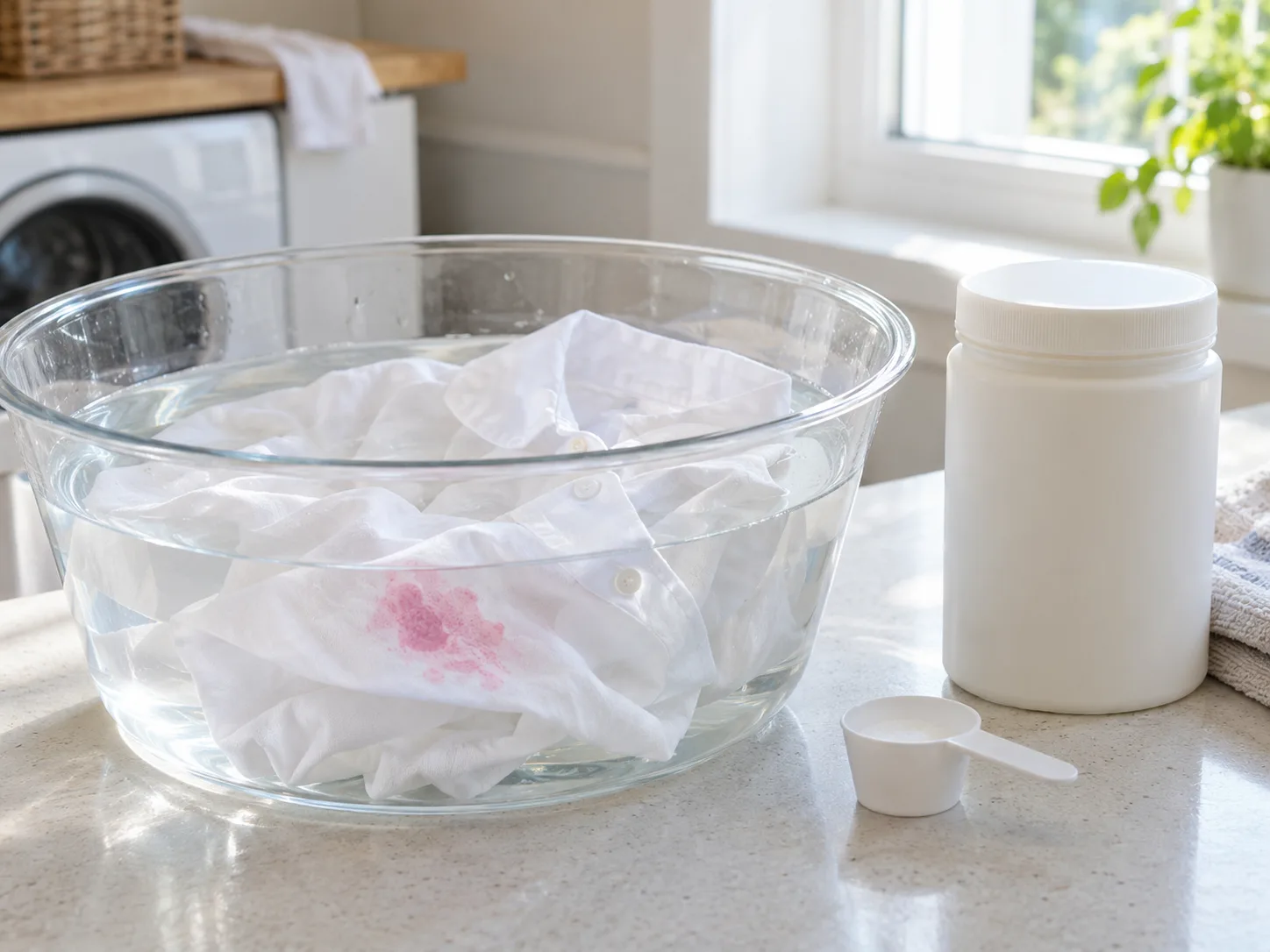 A cherry-stained white cotton shirt soaking in a label-directed oxygen-based laundry treatment