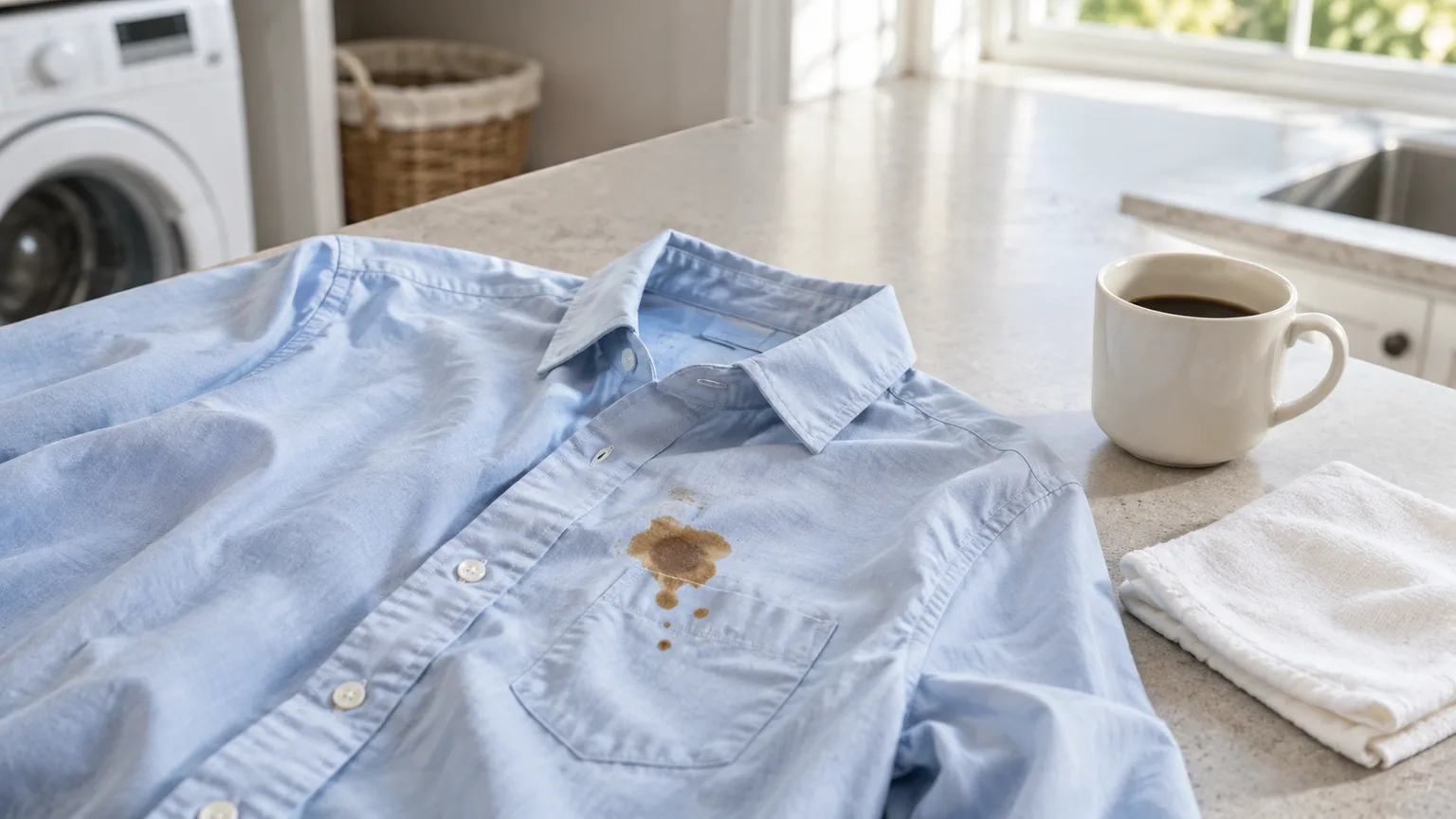 Pale blue cotton shirt with a fresh coffee spill beside a cup in a laundry room