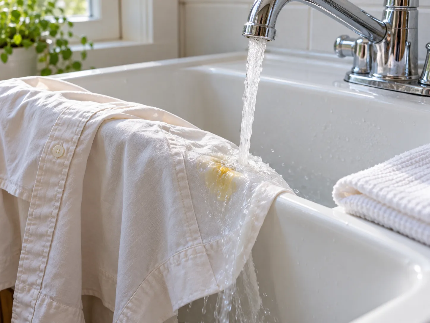 A white cotton shirt rinsed from the back under cool water at a laundry sink.