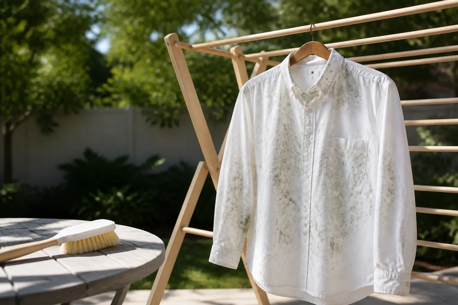 Mold-stained white shirt airing on an outdoor drying rack