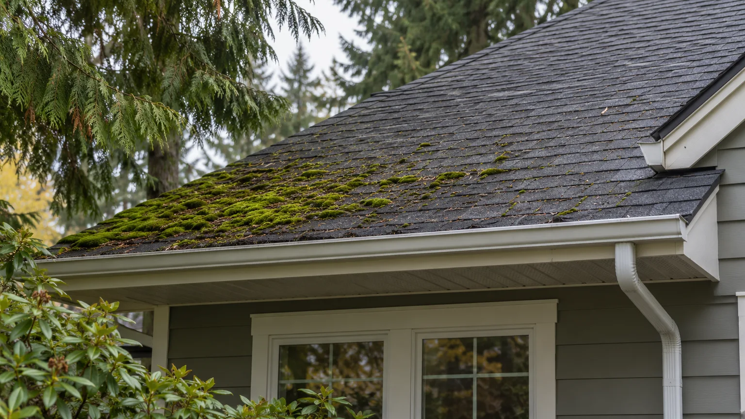 A roof with moss patches beneath surrounding trees
