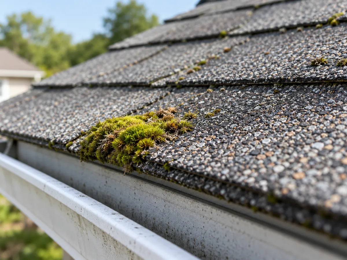 A homeowner inspecting roof moss from the ground