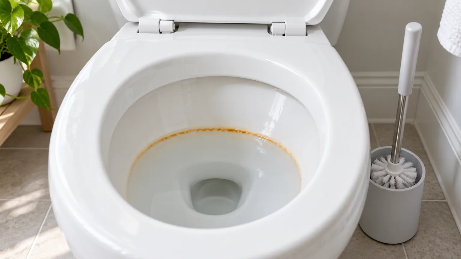 A narrow rust ring at the waterline inside a clean white porcelain toilet bowl
