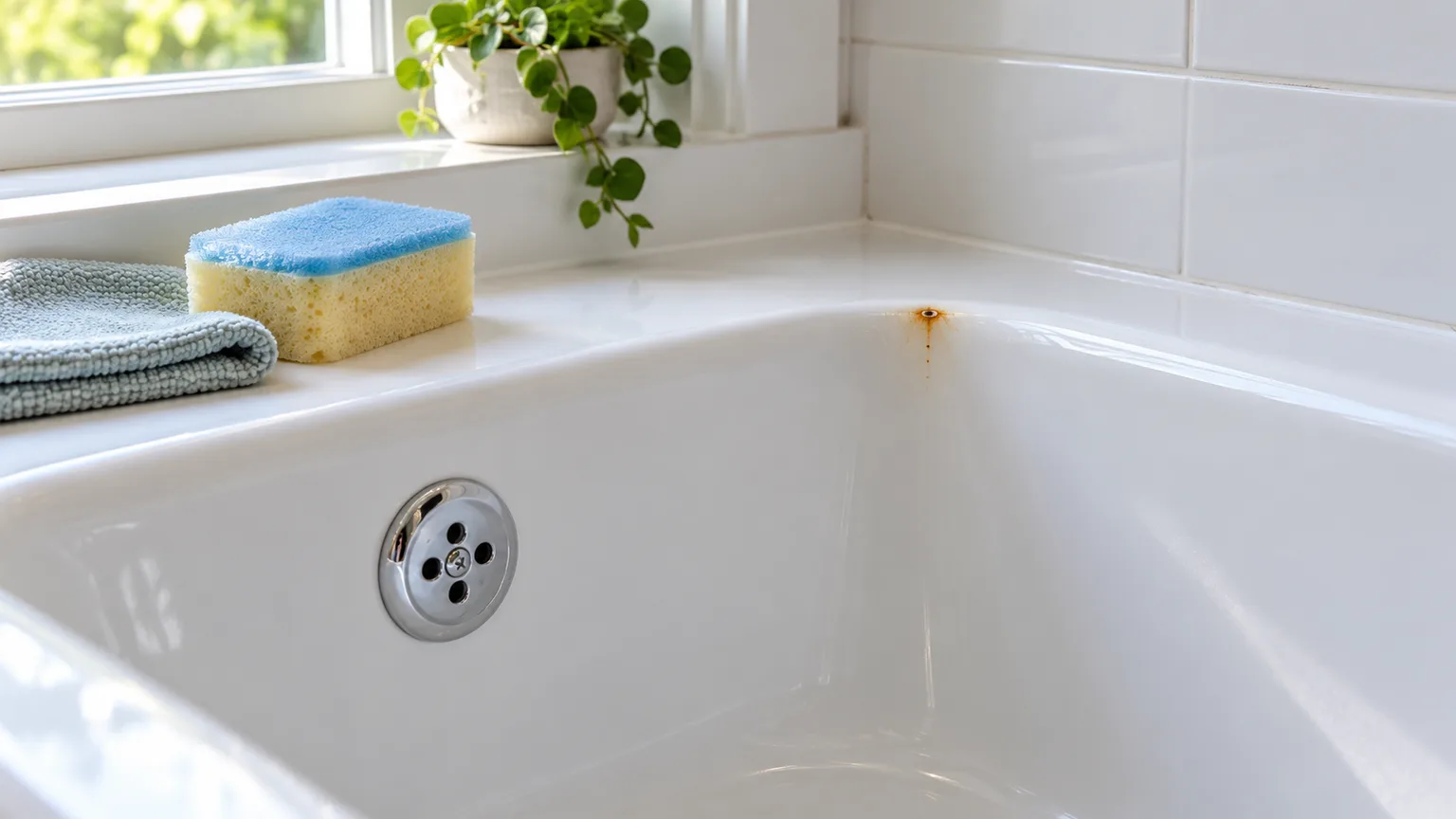 A localized rust spot on a white bathtub beside a soft sponge and microfiber cloth