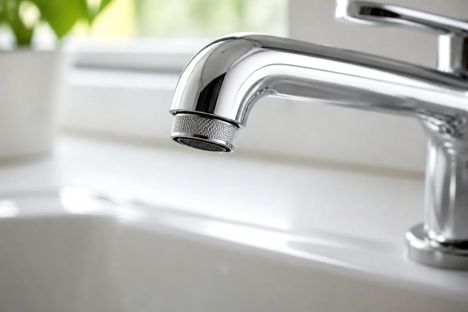 Close-up of a chrome faucet spout with a visible knurled metal aerator cap threaded on the tip