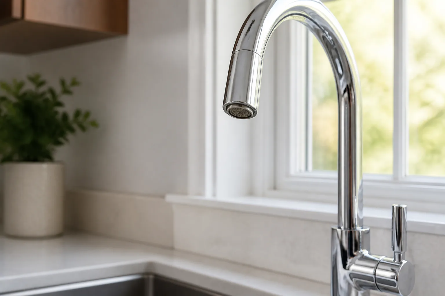 Chrome kitchen faucet over a white sink with the screw-on aerator visible at the spout tip